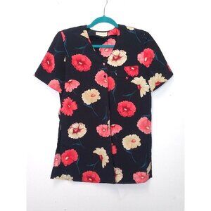 women’s floral Blouse/Top 80s-90s Vintage Christie & Jill Sz L black pink bright